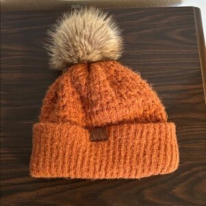 C.C Orange Knit Beanie with Faux Fur Pom